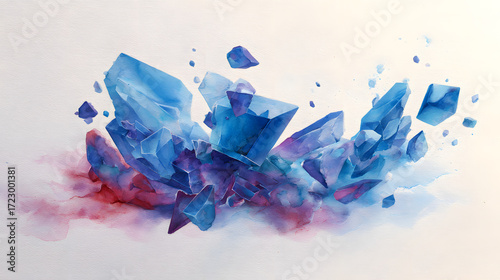 A surreal balance of floating crystal shapes dissolving into watercolor-like gradients