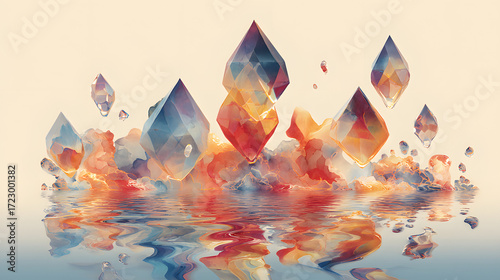 A surreal balance of floating crystal shapes dissolving into watercolor-like gradients