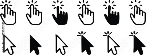 Transparent PNG available Computer mouse click cursor arrow icons set. Clicking cursor. Hand cursors icons click set. Pointer click icon. Loading icon 
