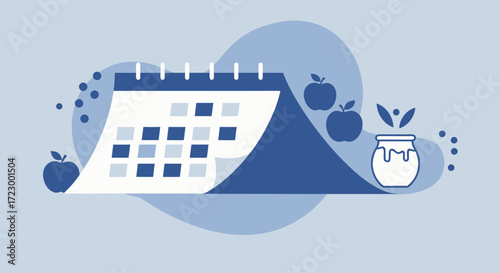 Calendar with apples and honey representing Rosh Hashanah celebration  