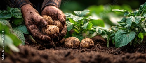 The Potatoes Harvested by Muddy Hands in a Lush Garden Soil
