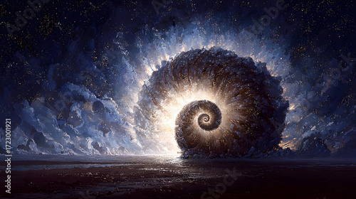 A surreal spiral galaxy turning into a giant seashell, fantasy illustration