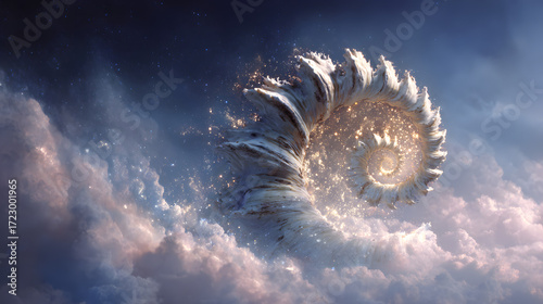 A surreal spiral galaxy turning into a giant seashell, fantasy illustration