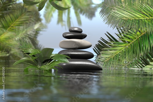 Canvas Print Pyramid of stones against a green blurred background, 3D rendering