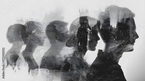 A surreal representation of memories, layered silhouettes fading into abstract strokes