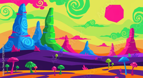 Vibrant Fantasy Landscape with Psychedelic Mountains and Alien Flora.