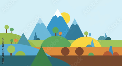 Vibrant Flat Design Landscape with Mountains and Hills.