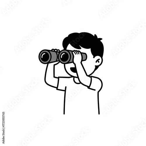 Minimalist black and white line art of a curious cartoon boy looking through binoculars with a happy smile.