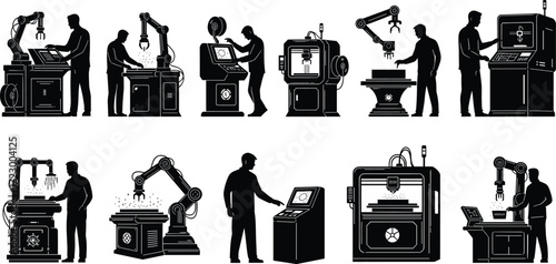 3D printing and robotic manufacturing silhouettes, industrial automation illustration, human and robot collaboration, advanced technology design, factory innovation artwork