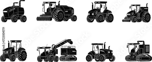 Agricultural and construction machinery silhouettes, tractor and bulldozer icons, heavy equipment illustration, farming and industrial vehicle design, machinery concept artwork