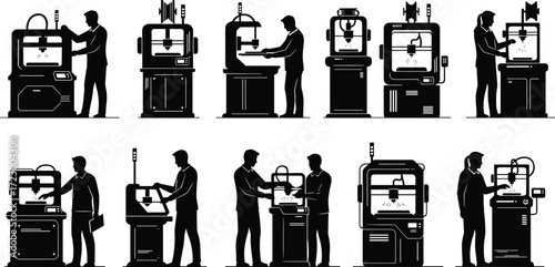 3D printer operator silhouettes, additive manufacturing illustration, human-machine collaboration artwork, modern technology design, 3D printing process concept