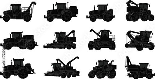 Agricultural and construction machinery silhouettes, tractor and harvester illustration, heavy equipment design, farming vehicle icons, industrial machinery concept art