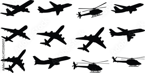 Aircraft silhouettes, airplane icons, helicopter shapes, aviation symbols, commercial jet, small aircraft, transport design, flight illustration, aviation industry, black figures