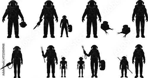 Astronaut and robot silhouettes, space exploration characters, futuristic astronaut design, science fiction illustration, astronaut with tools, alien technology concept