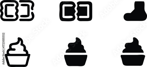 Charming icons of a broken chain, event ticket, boot, and delectable cupcake delight, perfect for a lifestyle blog or modern app design, capturing simple pleasures and everyday elements