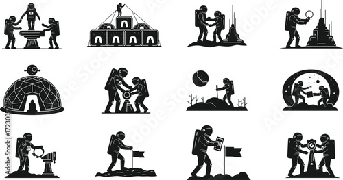Astronaut silhouettes, space exploration, Mars colonization, extraterrestrial habitat, planetary science, teamwork, construction, research, innovation, flag planting, futuristic technology, discovery