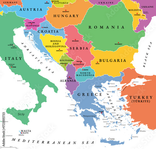 The Balkans and the Balkan Peninsula, multi colored political map, with country borders and capitals. Geographical area in southeastern Europe, bordered by the Adriatic, Ionian, Aegean, and Black Sea.