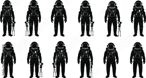 Astronaut suit silhouettes with blue details, space exploration design, futuristic astronaut illustration, science fiction concept, astronaut equipment and technology