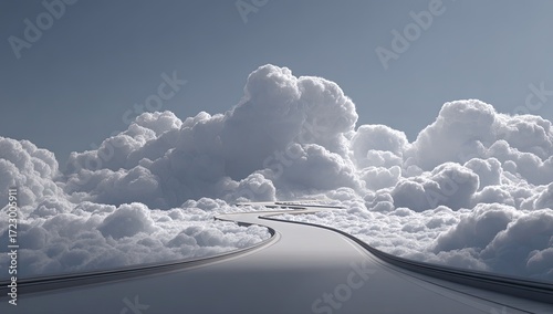 A paved road winding through fluffy clouds