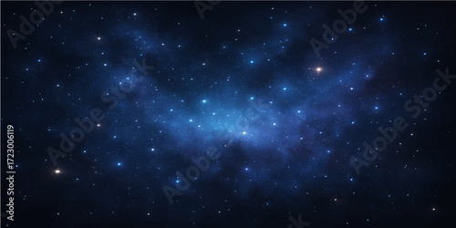 Abstract dark blue space background with bright stars, nebula, and light