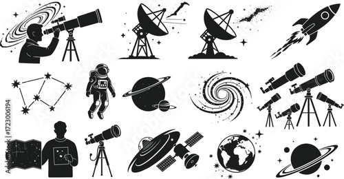 Astronomy and space exploration silhouettes, telescope and rocket illustration, galaxy and planet design, science research artwork, cosmic discovery concept