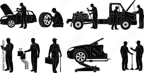 Automotive repair silhouette illustration, car maintenance service, mechanic working, vehicle diagnostics, tire change, engine inspection, toolbox, hydraulic lift, workshop teamwork