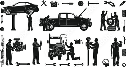 Automotive repair silhouettes, mechanic tools, car maintenance, hydraulic lift, engine work, tire change, black-and-white illustration, vehicle service