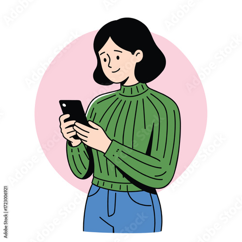 illustration women holding phone flat art, interactions on mobile phones