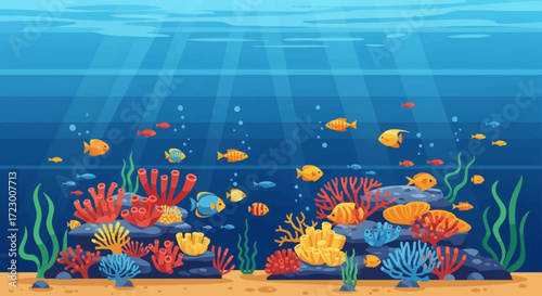 Vibrant Underwater Coral Reef with Diverse Marine Life.