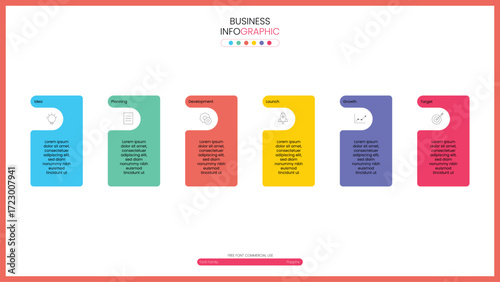 Colorful business infographic showing financial growth icons and data visualization charts for marketing strategy and success vector