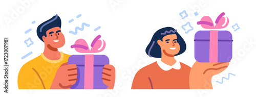 Happy people with gifts. Young woman and box with ribbon. Present concept flat vector illustration