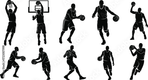 Basketball player silhouette collection, slam dunk, dribbling, shooting, passing, action poses, isolated, sports motion, black figure, white background