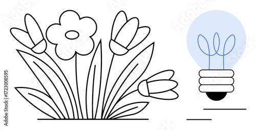Flowers with intricate leaves next to a light bulb sprouting leaves, symbolizing eco-conscious thinking, sustainability, and creativity. Ideal for nature, environment, innovation, energy, ecology