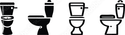 Toilet icon set. Bathroom and restroom sign. Hygiene, sanitation, and plumbing symbol. Flush, seat, and water closet pictogram. Public facility and home utility illustration.