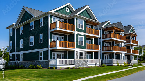 Wide angle view of modern three story apartment complex in Maine with dark green and white exterior walls and two full size balconies on each floor across the front facade