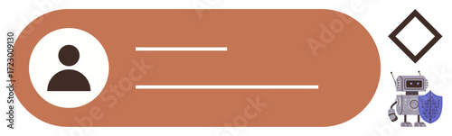 Profile icon and text lines on brown background, robot with shield, diamond outline. Ideal for cybersecurity, identity, data protection, technology, privacy robotics online safety. Simple flat