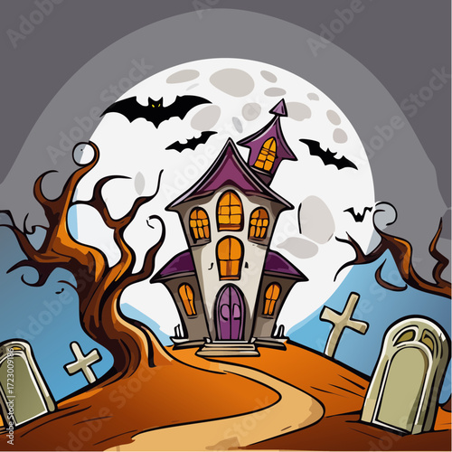 Spooky Halloween Haunted House Cartoon Illustration