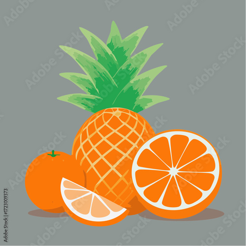 Pineapple Orange and Tangerine Fruit Still Life Vector Illustration