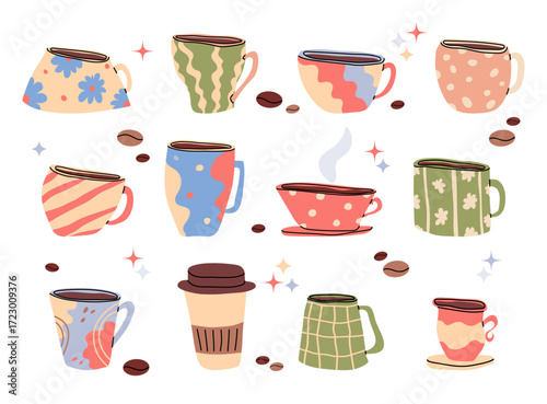 Hand drawn colorful coffee cups of various shapes and sizes. Cute, cozy, patterned cups for tea and coffee. Funny, cheerful ceramic cups in doodle style.