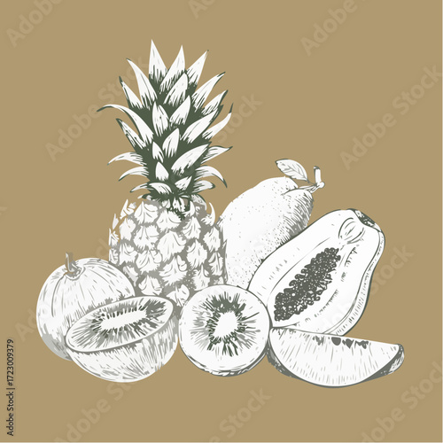 Hand drawn Sketch of Exotic Fruits Pineapple Kiwi Papaya and More