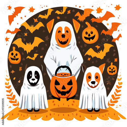 Halloween Dogs in Ghost Costumes with Pumpkins and Bats