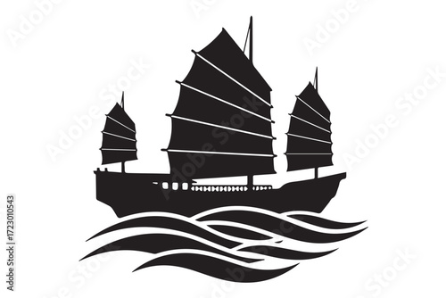 Silhouette of a traditional chinese junk ship sailing on wavy water