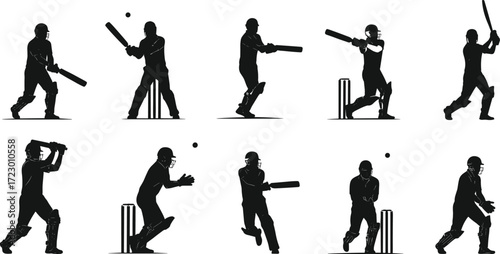 Cricket player silhouette collection, batting, bowling, catching, wicketkeeping, stumps, action poses, black figure, isolated sports design, white background illustration