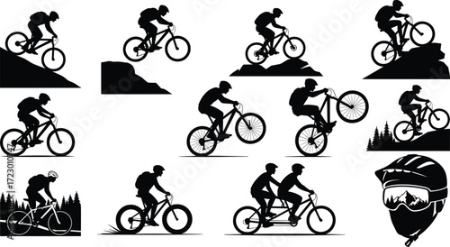 Cycling silhouettes with mountain bikers, road cyclists, tandem riders, outdoor sports, adventure, fitness, recreation, extreme biking, lifestyle, competition, nature illustration