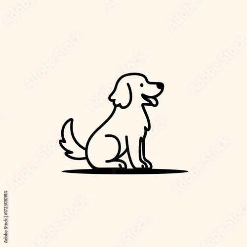 A simple, stylized line drawing of a happy, sitting dog with its tail wagging, depicted in black outline on a light beige background.