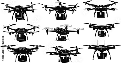 Delivery drone illustrations, quadcopter UAV, aerial logistics, package transport, futuristic technology, smart shipping, urban delivery, innovation, aviation design, black silhouettes