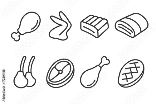 Collection of simple line art icons of various meat cuts and types