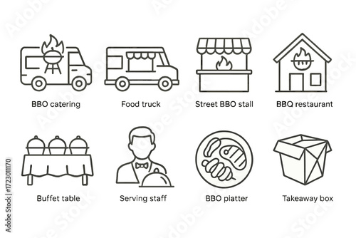 Bbq catering icons: food truck, buffet table, serving staff, bbq stall, restaurant, takeaway box