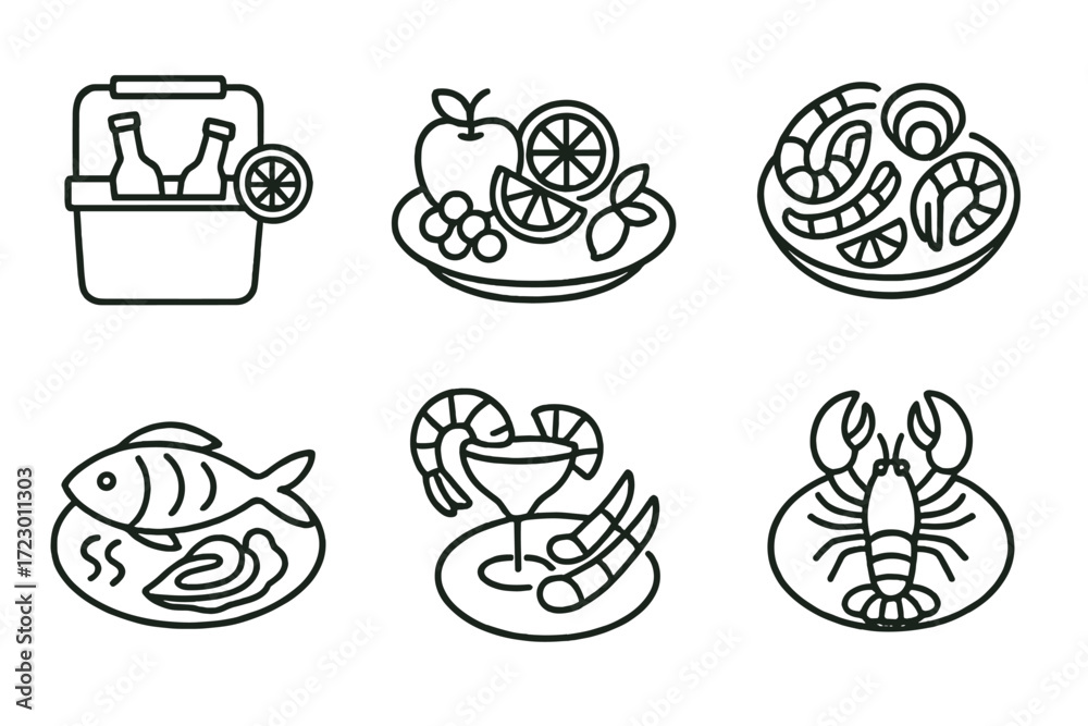 Fototapeta premium Illustrated seafood and picnic items including fish, lobster, fruit, and beverages