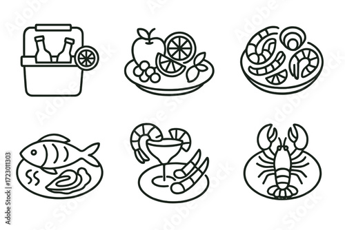 Illustrated seafood and picnic items including fish, lobster, fruit, and beverages